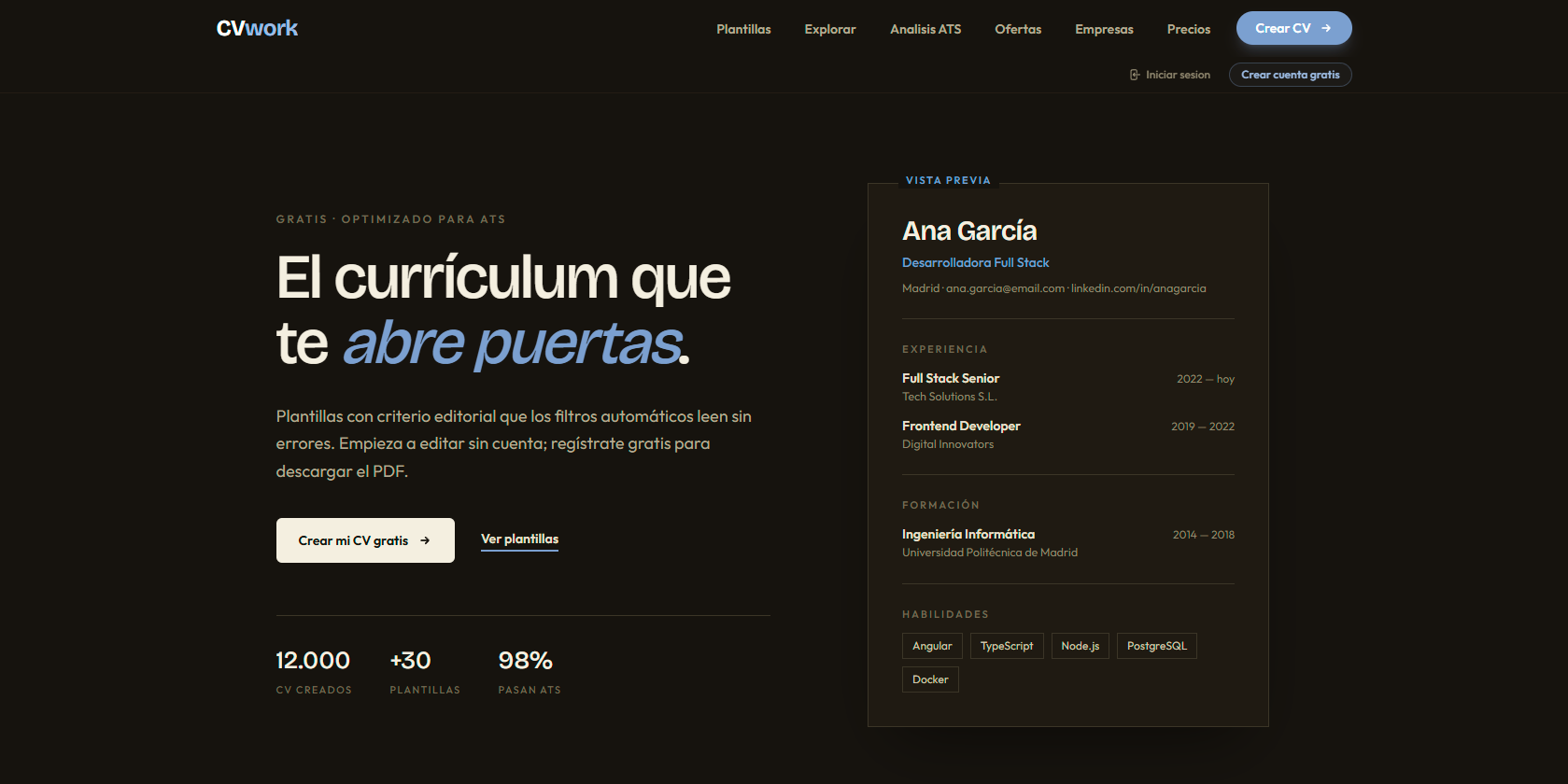 CVwork — Creador de currículums con análisis ATS